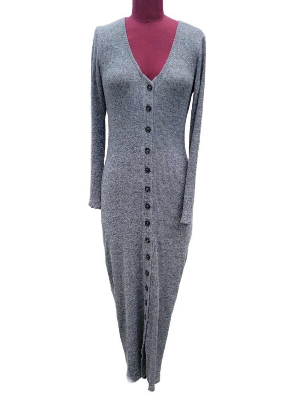 Rachel Pally Sweater Dress Gray Lurex Rib Sweater V Neck Button Front Small